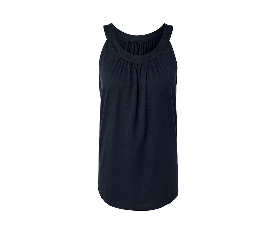 Granatowy top ze marszczonym dekoltem.