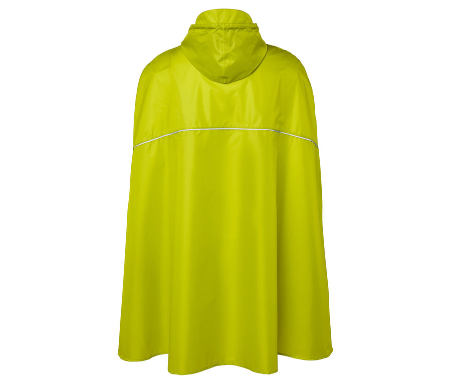 Widok z tyłu żółtego poncza przeciwdeszczowego z kapturem i odblaskowym paskiem.