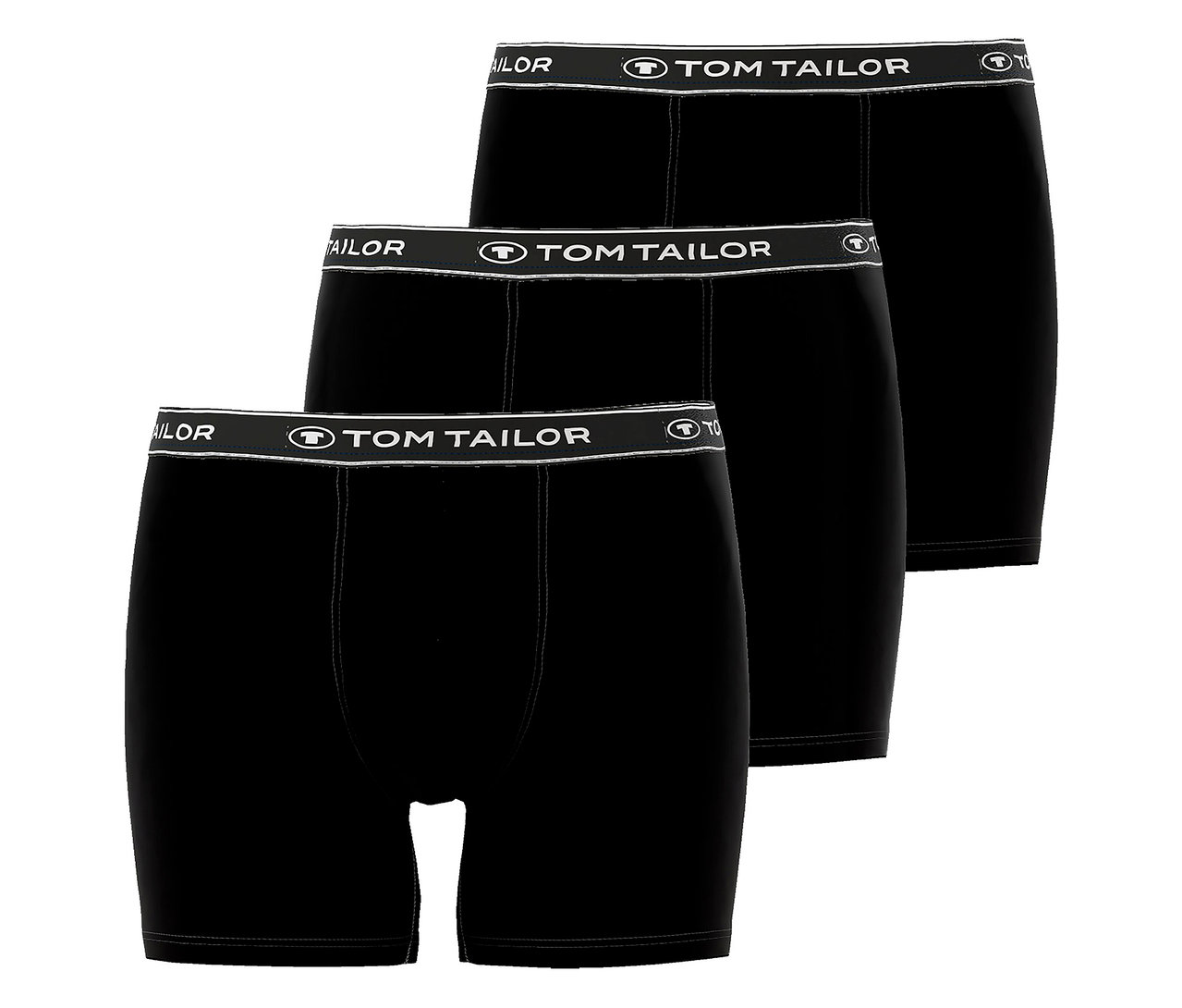 Trzy czarne bokserki Tom Tailor ze elastycznym pasem, ułożone w stos.