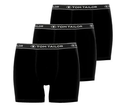 Trzy czarne bokserki Tom Tailor ze elastycznym pasem, ułożone w stos.