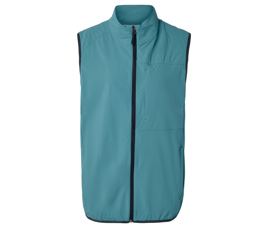 Jasnoniebieska kamizelka zapinana na zamek błyskawiczny.