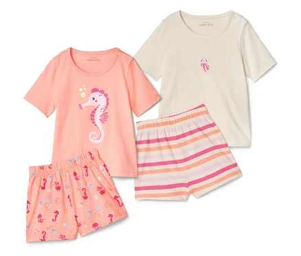 Dwa zestawy piżamowe Kinder-Shorty-Pyjamas, Seepferdchen, z koralowymi szortami, szortami w paski i pasującymi topami.