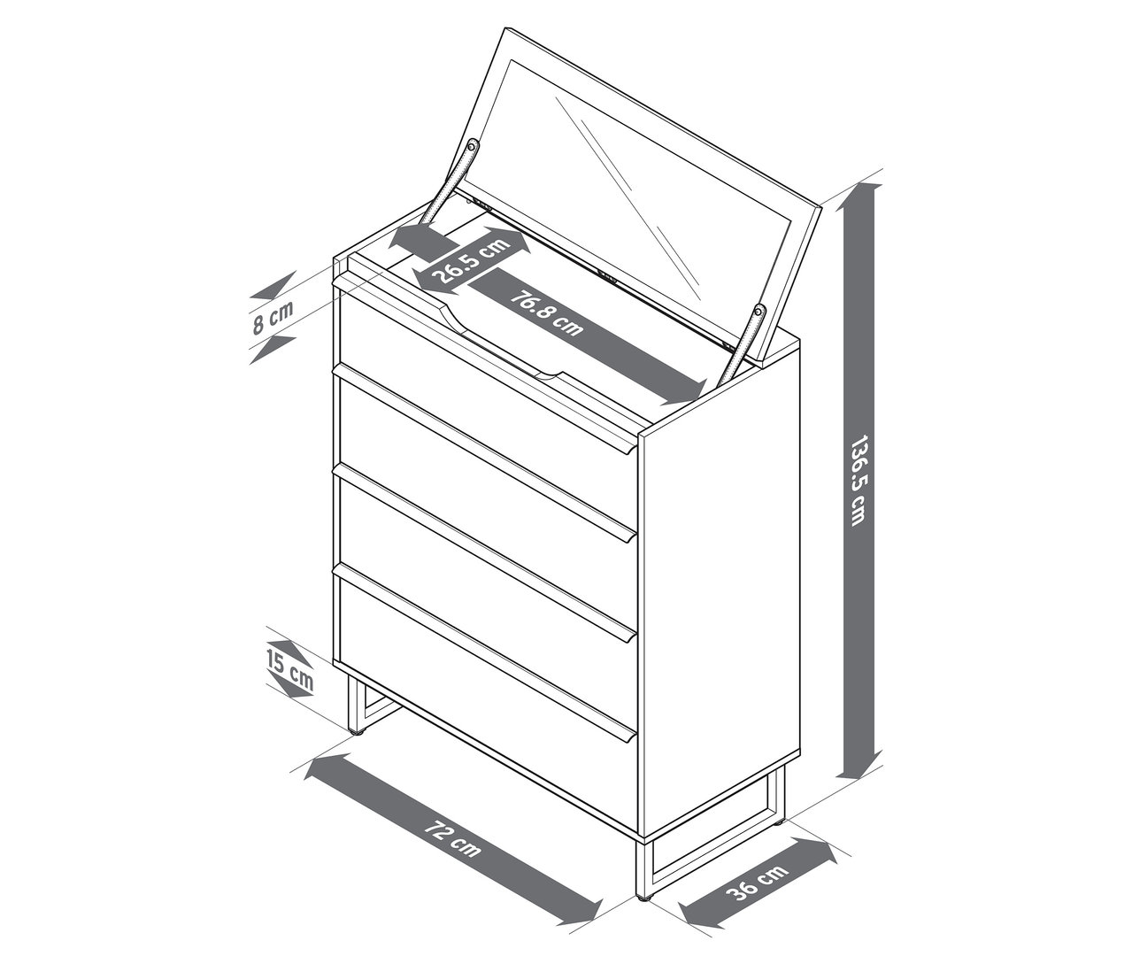 Szkic komody „LEEG” z 4 szufladami i lustrem, z podanymi wymiarami.