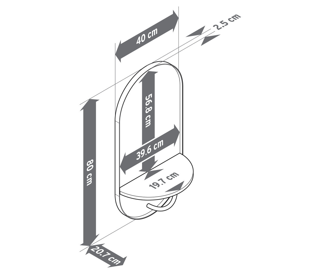 Ilustracja lustra ściennego z półką i drążkiem na ubrania wraz z wymiarami.