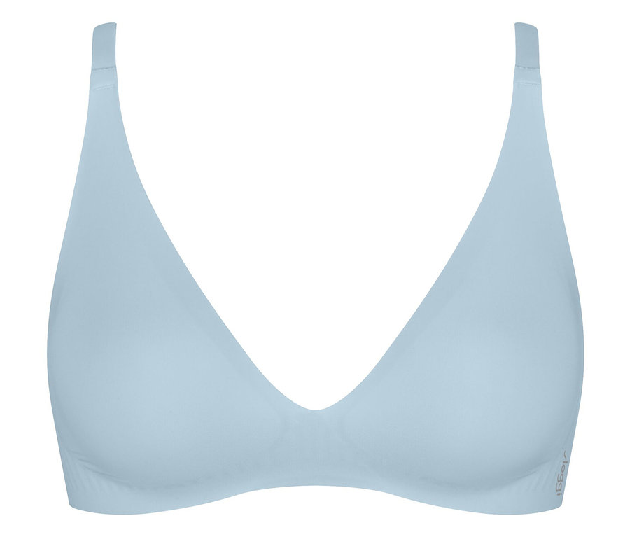 Jasnoniebieski biustonosz trójkątny bez fiszbinów.