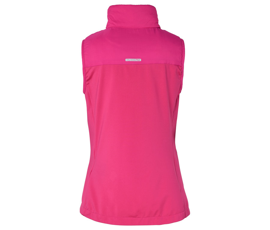 Widok z tyłu różowej kamizelki bez rękawów z wysokim kołnierzem.