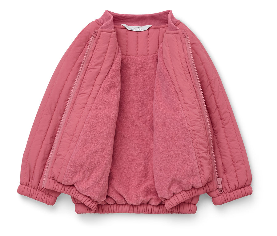 Rozpięta, pikowana, różowa kurtka z zamkiem błyskawicznym i podszewką z polaru.