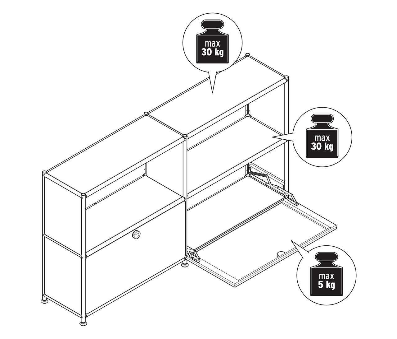 Z góry widoczna metalowa szafka typu sideboard „CN3 Slim Line” z dwiema przestawnymi klapami, z których jedna jest otwarta.
