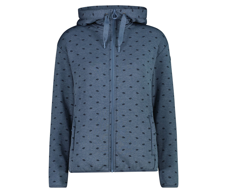 Jasnoniebieska bluza z kapturem i zamkiem błyskawicznym, ozdobiona subtelnym wzorem.