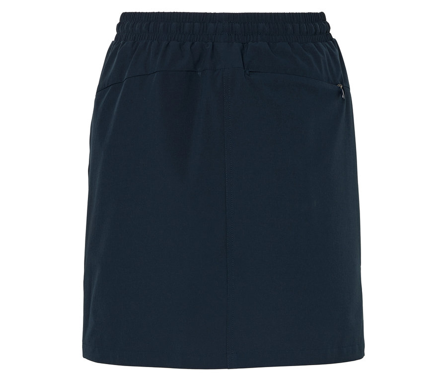 Widok z tyłu granatowej spódnicy z elastycznym pasem.