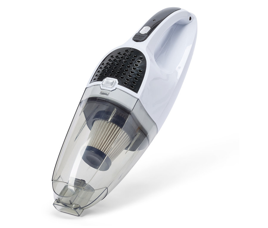 Biały odkurzacz ręczny z przezroczystym pojemnikiem na kurz i filtrem na białym tle.