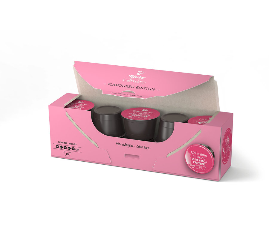 Otwarte, różowe opakowanie Cafissimo Flavoured Espresso – White Choc & Raspberry z dziesięcioma kapsułkami w środku.