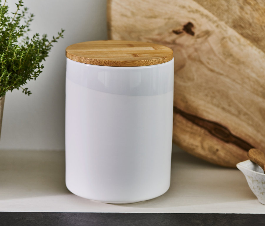 Biała, ceramiczna puszka na kawę z drewnianym wieczkiem, 500 g.