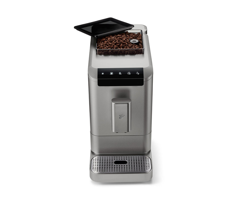 Automatyczny ekspres do kawy »Esperto2 Caffè« titanium silver z otwartym zbiornikiem na ziarna kawy.