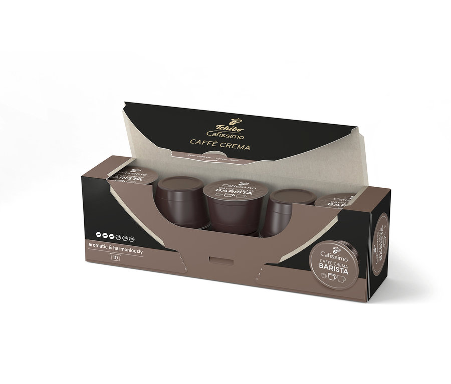 Otwarte opakowanie kapsułek Cafissimo BARISTA Caffè Crema, widocznych 10 sztuk.