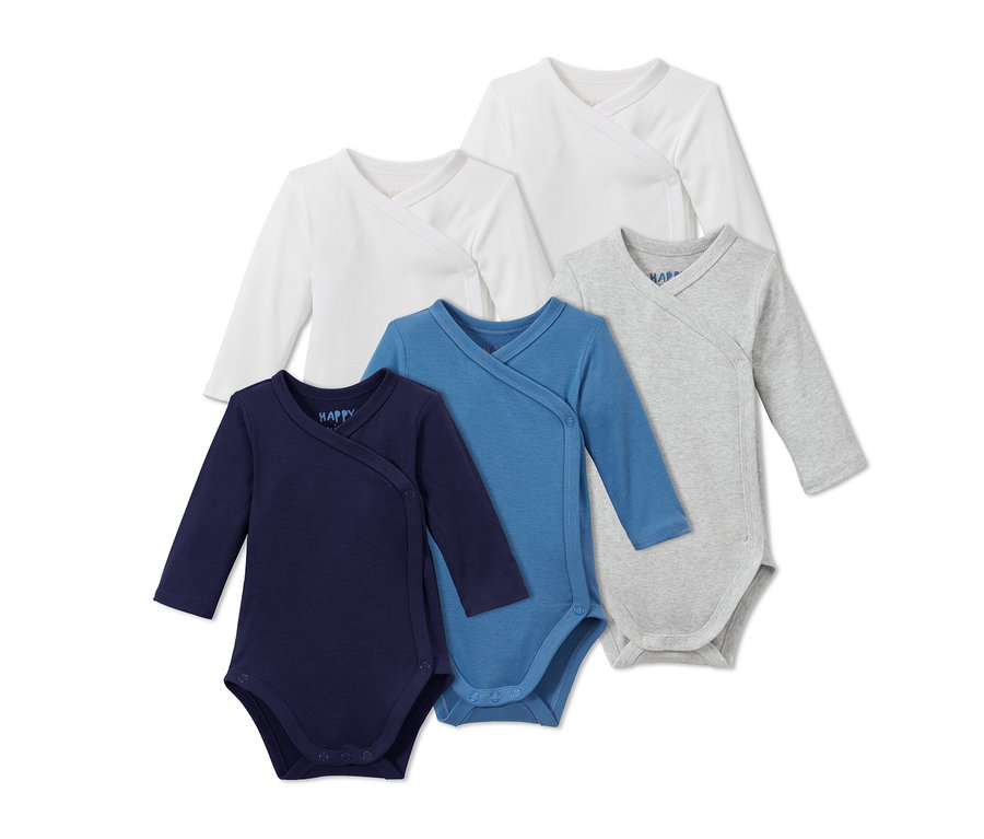 Pięć sztuk bawełnianych body dziecięcych z długim rękawem w kolorach białym, niebieskim i szarym.