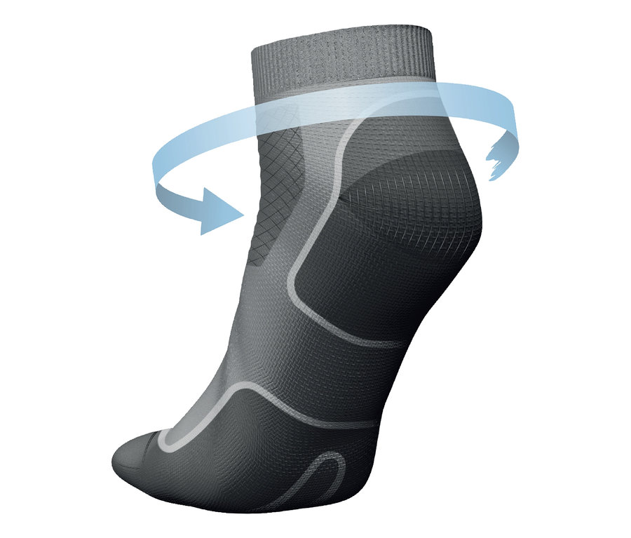 Szczegół szarej skarpety do biegania z pasem kompresyjnym i niebieską strzałką wskazującą obrót. Krótkie, uciskowe skarpetki do biegania, 2 pary. Skarpetki do biegania, 2 pary.