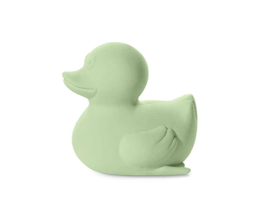 Kauczukowa kaczuszka do kąpieli, zielona na białym tle.