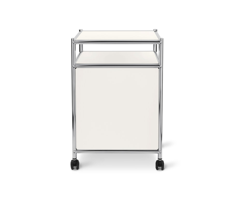 Biały metalowy kontener na kółkach »CN3« z klapą.
