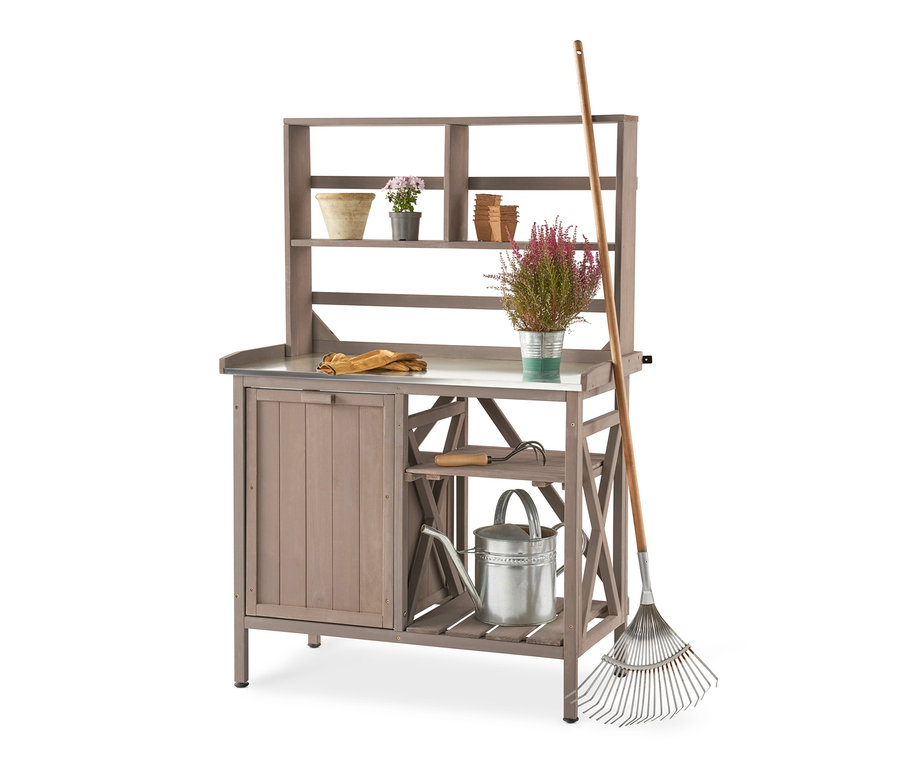 Stół na rośliny z regałem »JONTE« z akcesoriami ogrodniczymi.