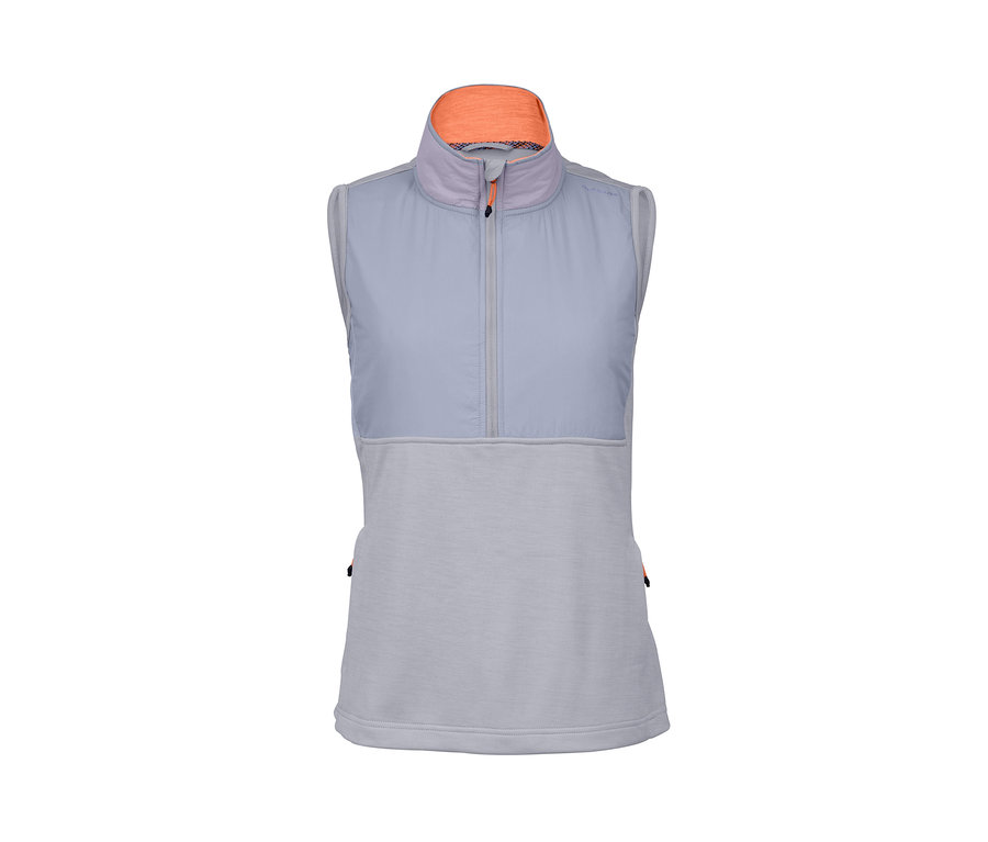 Jasnoszara kamizelka do biegania z pomarańczowym kołnierzem wewnętrznym.