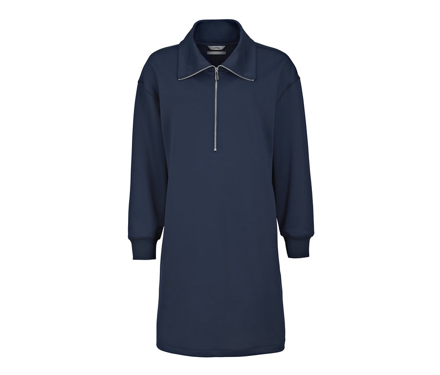 Granatowa sukienka dresowa z długimi rękawami i srebrnym zamkiem błyskawicznym.