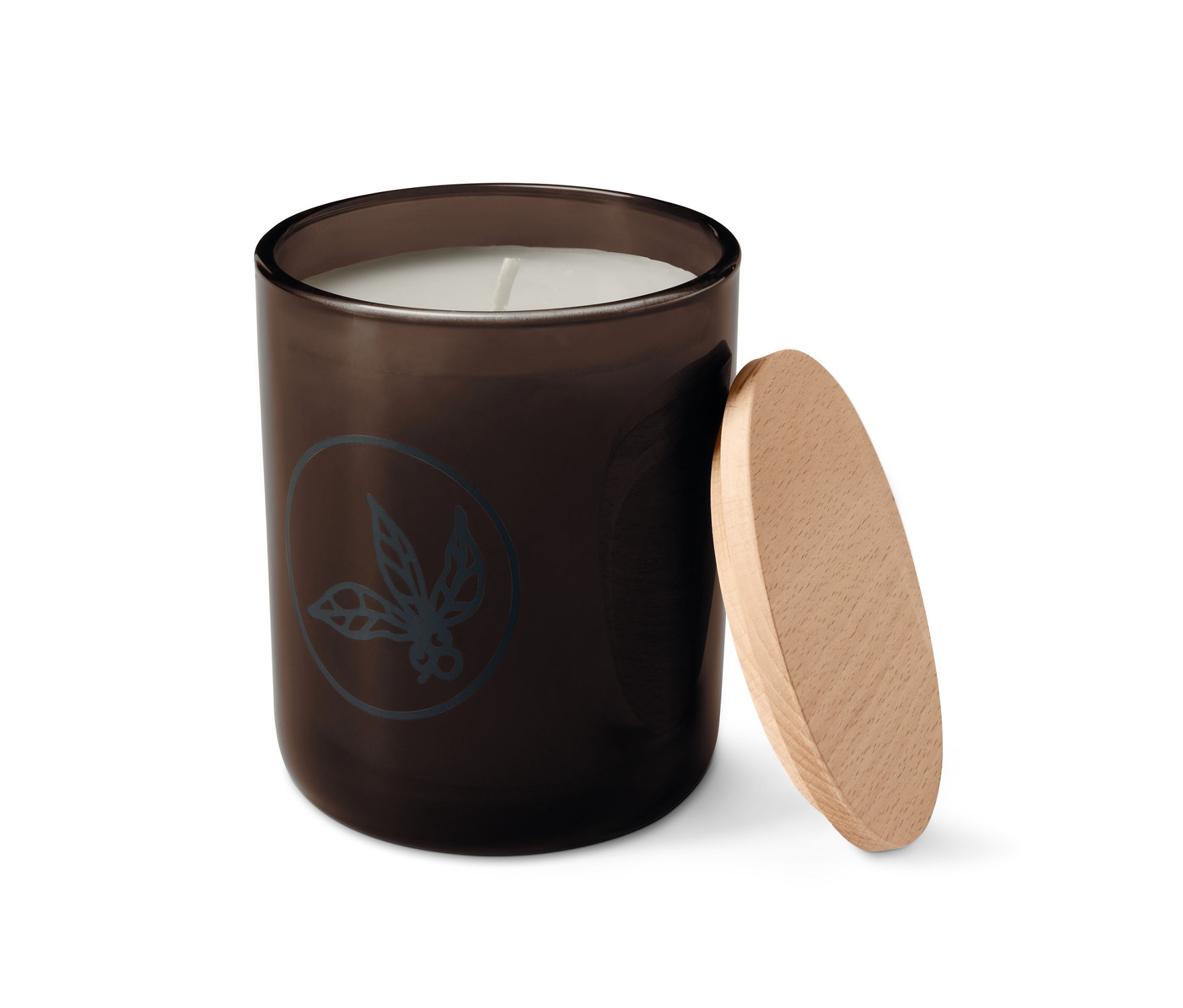 Brązowa świeca zapachowa z drewnianym wieczkiem.