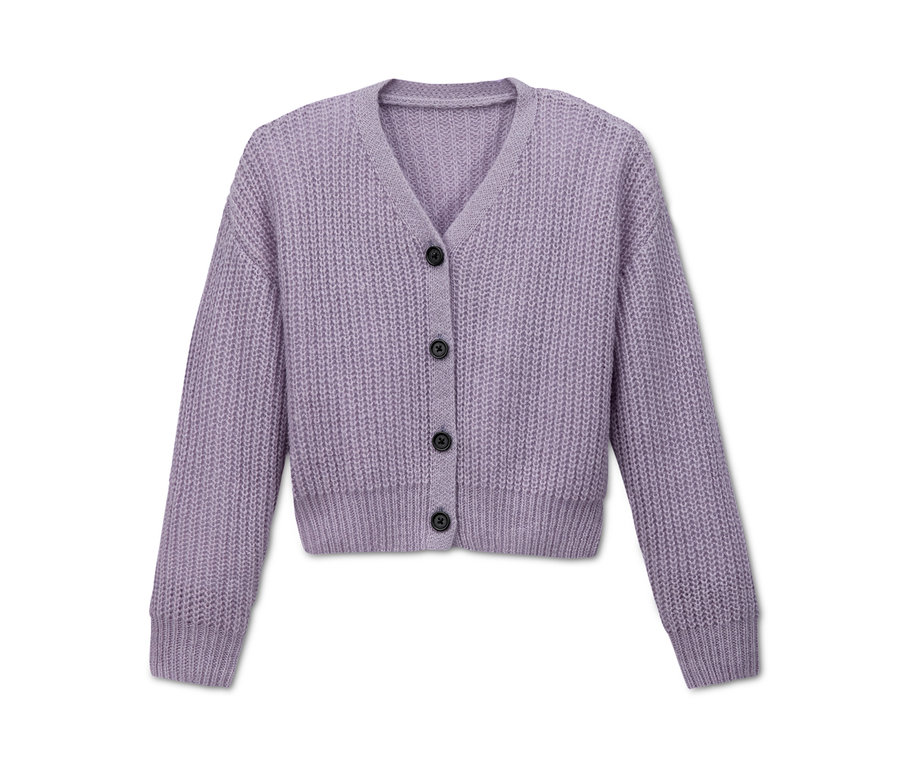 Liliowy rozpinany sweter z dzianiny zapinany na guziki z przodu.