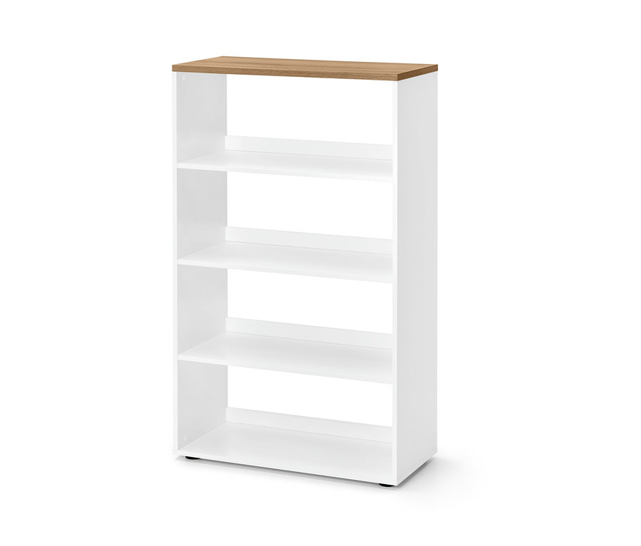 Biały regał z czterema półkami i drewnianym blatem.