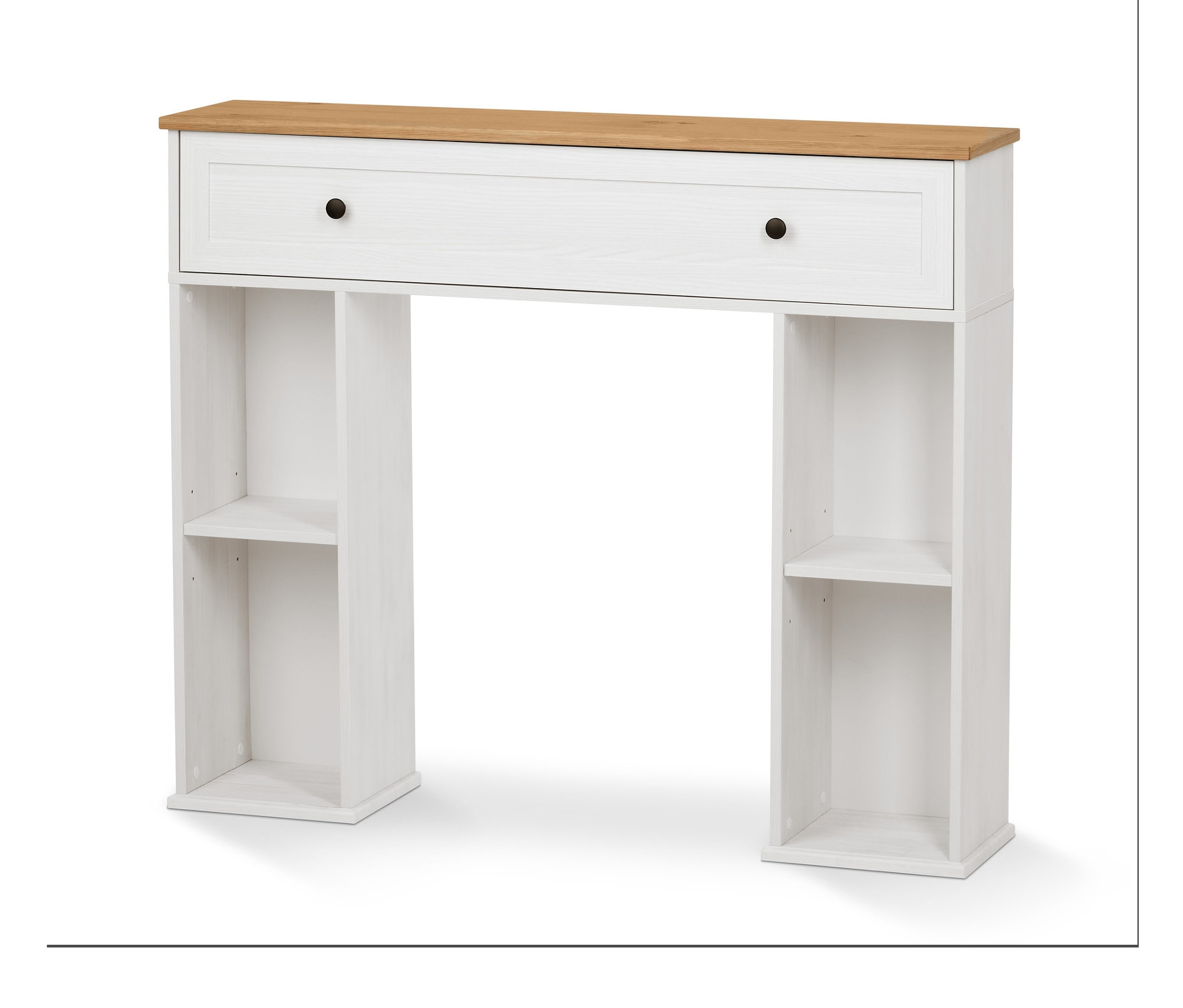 Biała konsola kominkowa z otwartą i zamkniętą przestrzenią do przechowywania.