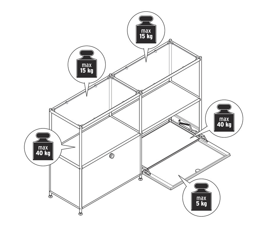 Rysunek szarobeżowej metalowej szafki typu sideboard „CN3” z 2 klapami i szklaną półką.