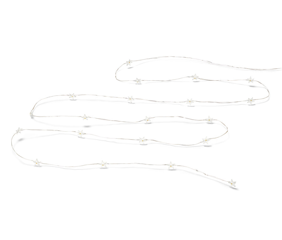 Łańcuch świetlny z mikrodiodami LED, gwiazdki na białym tle.