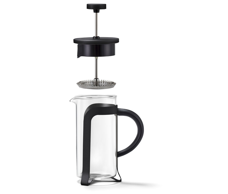 Czarny zaparzacz tłokowy o pojemności 300 ml na 2 filiżanki, w rozłożeniu.