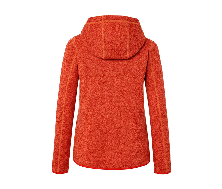 Widok z tyłu na pomarańczową bluzę z kapturem z dzianiny polarowej.