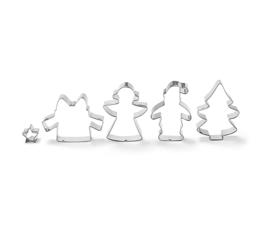 Pięć foremek do ciastek w kształcie gwiazdy, anioła, renifera, Świętego Mikołaja i choinki.