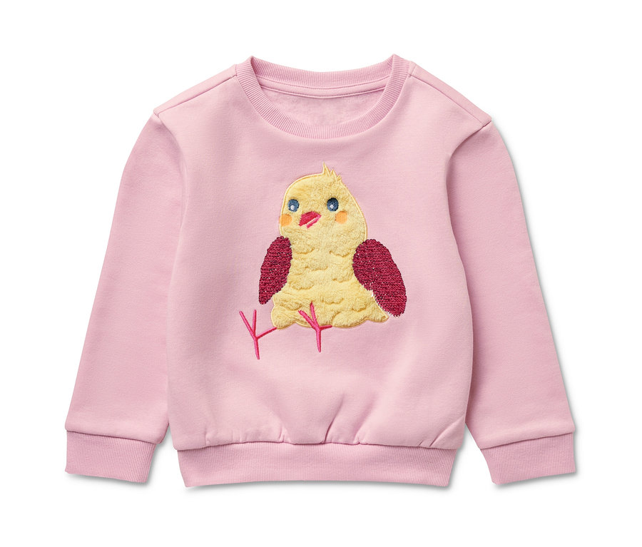 Różowa bluza z aplikacją kurczaka.