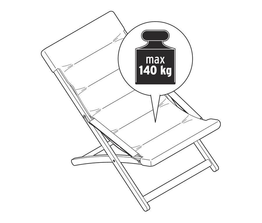 Ilustracja składanego fotela relaksacyjnego o maksymalnej wadze 140 kg.