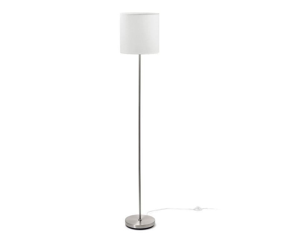 Lampa stojąca z kloszem z tkaniny.