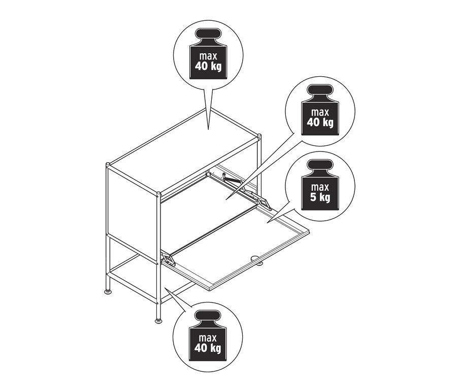 Rysunek beżowej metalowej szafki typu sideboard „CN3” z klapą.