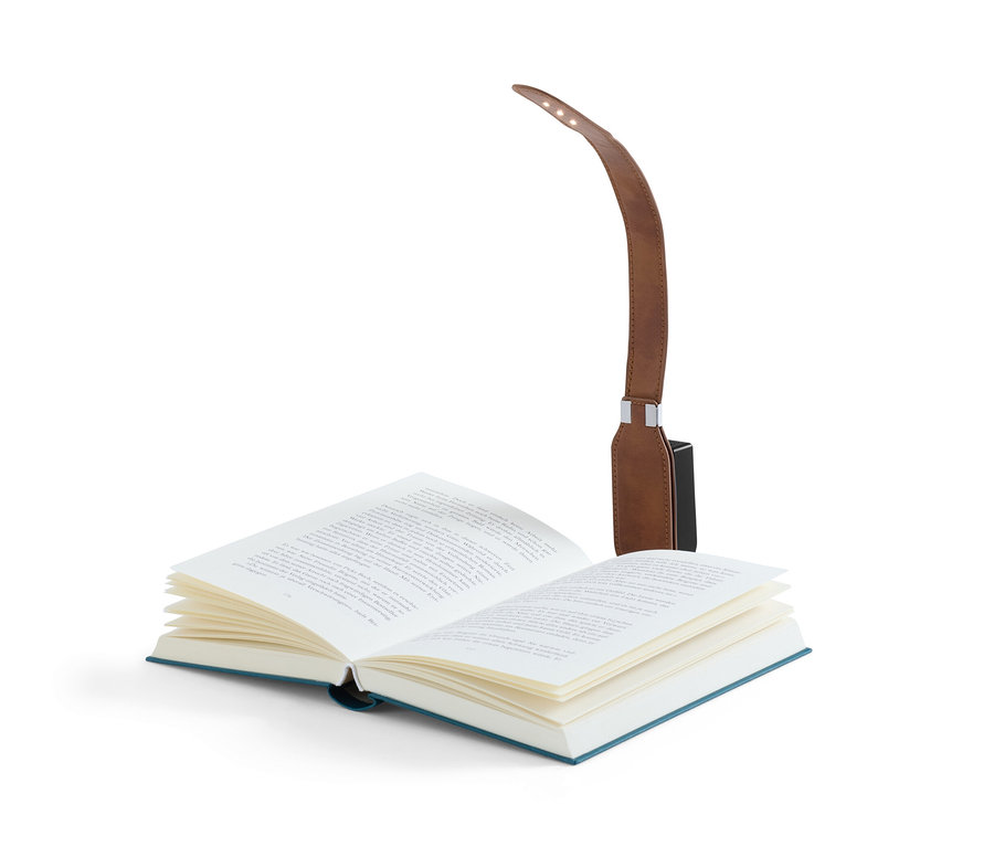 Otwarta książka z lampką do czytania z klipsem.