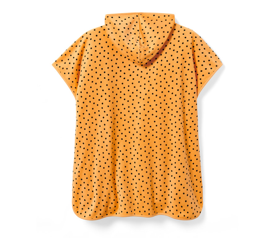 Widok z tyłu pomarańczowego poncho frotte dla małych dzieci w czarne kropki.