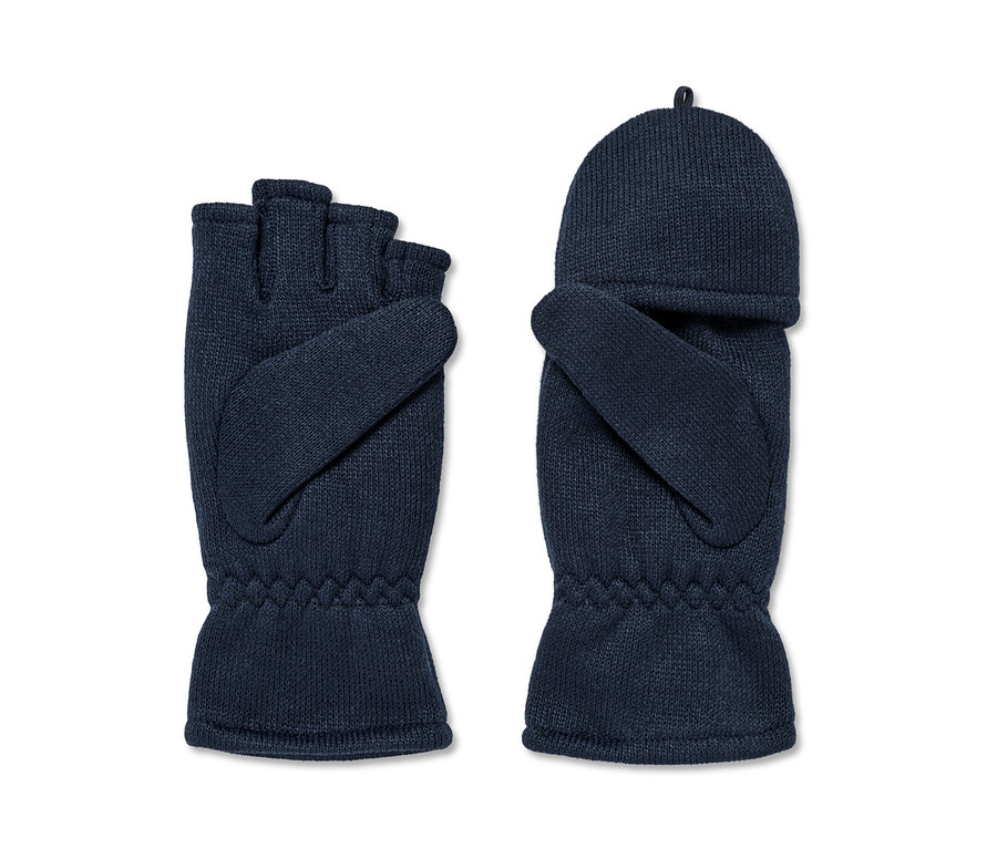 Dwie granatowe rękawiczki polarowe z klapką dla dzieci, z których jedna ma otwartą klapkę.