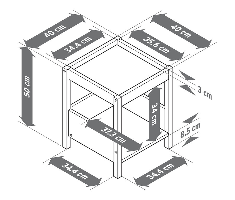 Schematyczny rysunek wymiarów stolika nocnego.