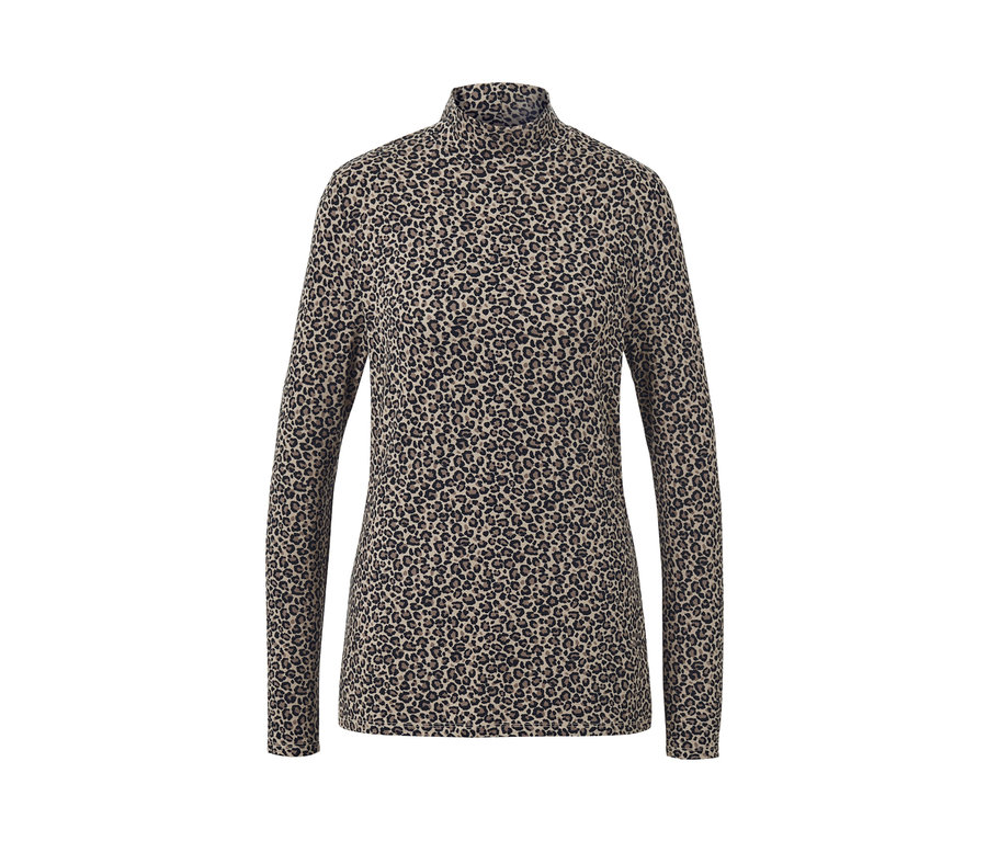 Wzorzysta bluzka ze stójką z motywem w cętki.