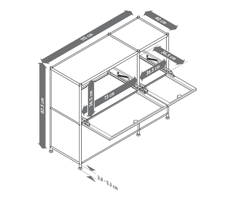 Rysunek metalowej szafki typu sideboard „CN3” z 4 klapami i wymiarami.