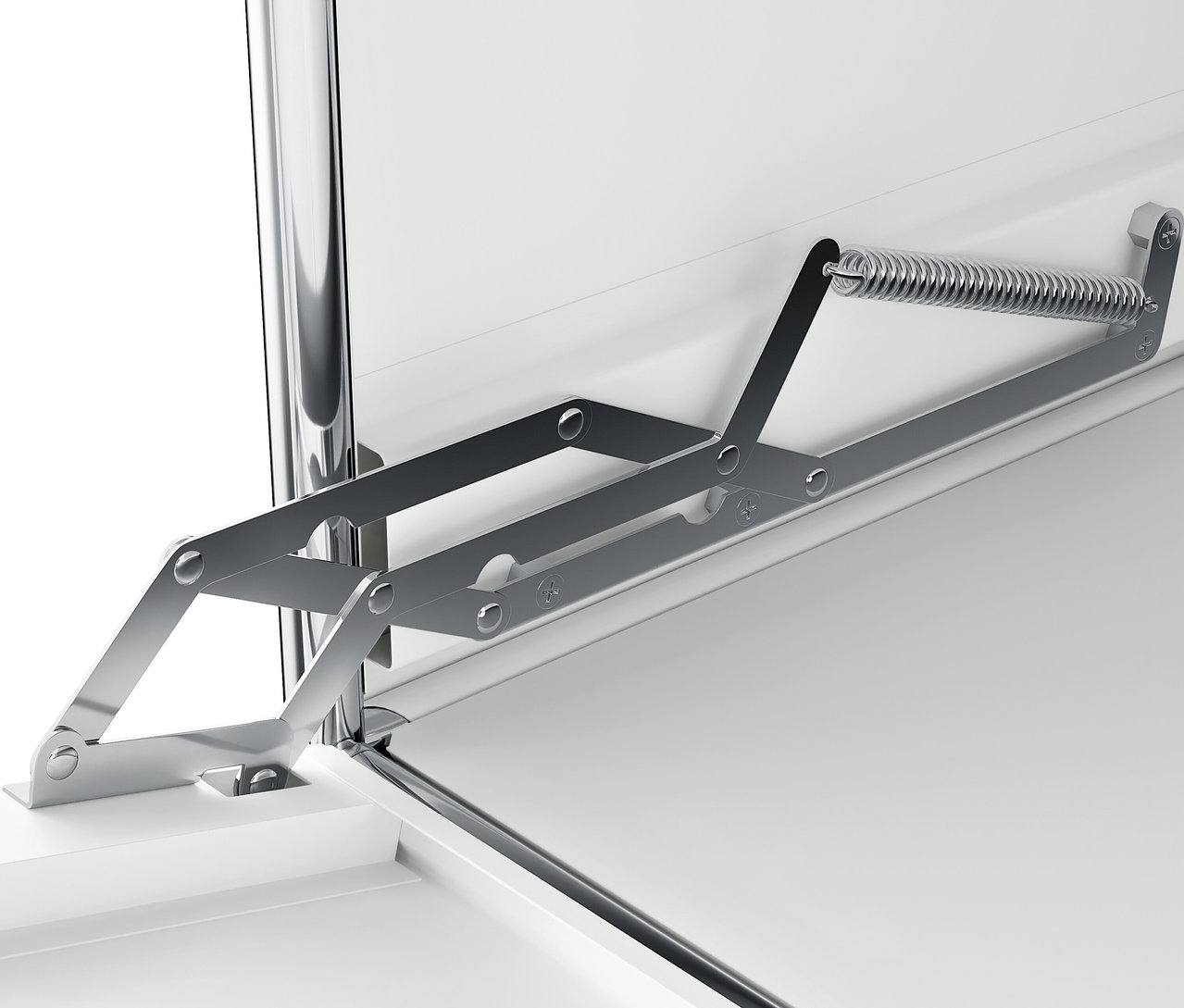 Szczegół srebrnego mechanizmu składania na białej powierzchni.