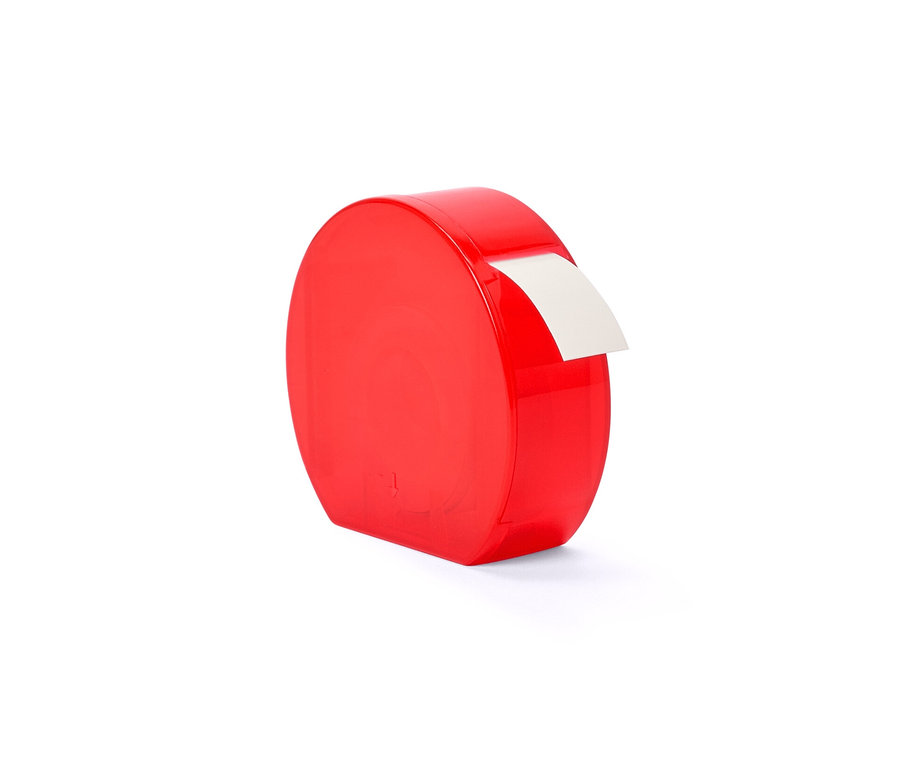 Czerwony podajnik do etykiet z białą etykietą.