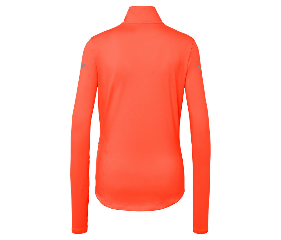 Szczegółowy widok z tyłu pomarańczowej koszulki sportowej z długim rękawem i zamkiem błyskawicznym przy szyi.