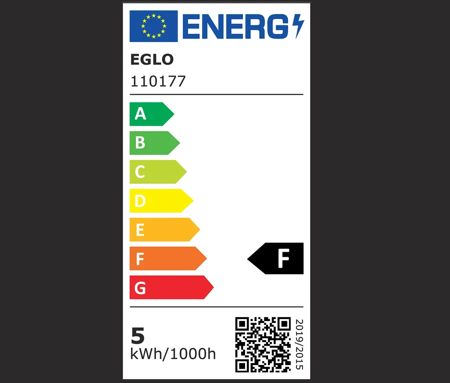 Etykieta energetyczna z klasami od A do G, lampa klasy F, 5 kWh/1000h.