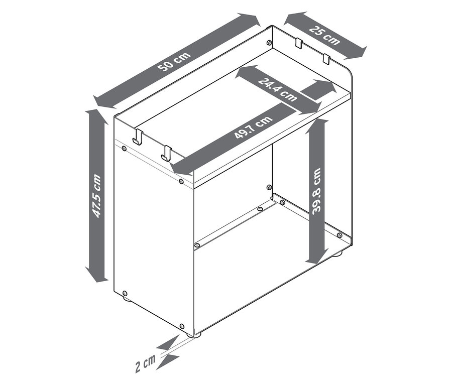 Schemat szerokiego regału na drewno kominkowe z półką i wymiarami.